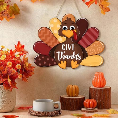 Give Thanks Turkey Door Sign Thanksgiving Decorations, Cute Turkey Welcome Wooden Hanging Sign, Wood Autumn Fall Harvest Thankful Wall Plaque Wreath Hanger Decor for Home Yard Porch Brown - Image 3