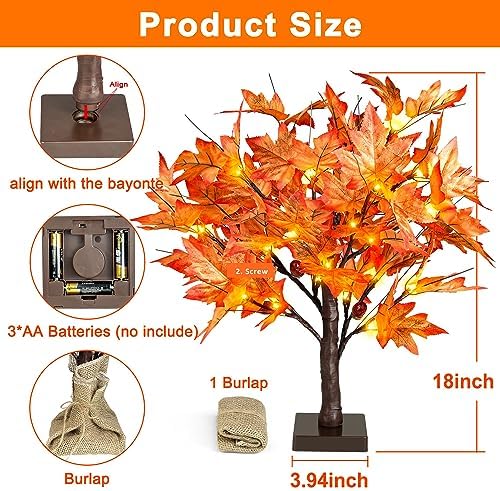 FastDeng 1.5FT Lighted Maple Tree, Artificial Fall Maple Tree with 36 LED Lights, 72 Leaves,6 Acorns, Autumn Tabletop Tree with Burlap Base for Indoor Fall Harvest, Thanksgiving Decorations (2Pack) - Image 4