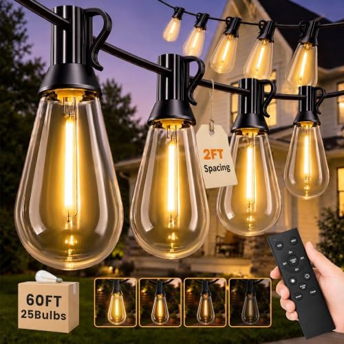60FT(50+10) Outdoor String Lights, 2FT Spacing 25 LED Edison Bulbs, Waterproof, Shatterproof, Dimmable, Warm White, 3 Modes, Timer, Plug in Hanging Backyard Lights for Outside, Patio by Unknown