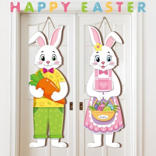 Shellwei 2 Pcs Easter Bunny Door Decor, Wood Rabbit Welcome Sign Home - Image 2