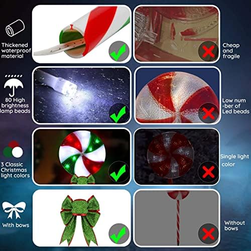 4 Pack 27.5" Lollipop Peppermint Christmas Pathway Lights Outdoor with Bows, Green Red White 80 LED Candy Cane Lights 8 Modes Timer Waterproof, Walkway Markers for Xmas Outsides Garden Yard Decoration - Image 2