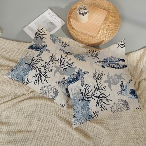 Coastal Turtle Pillow Covers 18x18 Set of 2 Coral Sea Nautical Decorative Throw Pillows Blue Beach Themed Ocean Outdoor Pillow Cases Linen Farmhouse Cushion Case for Couch Sofa Bedroom Decor - Image 5
