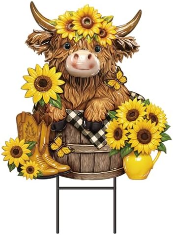 Amyhill Highland Cow Sunflower Metal Garden Stakes Yard Sign Decoration by Amyhill