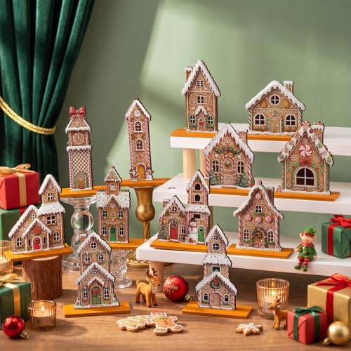Wesiti 12 Pcs Christmas Table Decorations Wooden Xmas Gingerbread House Centerpiece Winter Sugar Cookie Table Topper Decor Mini House for Farmhouse Tiered Tray Decor Holiday Party Favor - Image 6