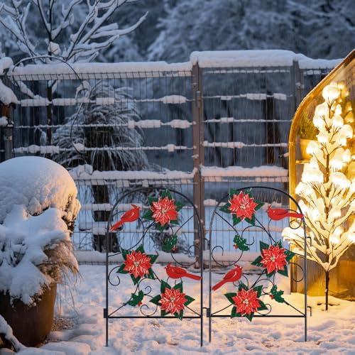 hogardeck Outdoor Christmas Decorations, 2 Pcs Metal Fence Floral Decorative Garden Stakes with Poinsettia Red Birds for Christmas Decor, Yard Signs for Garden Lawn Patio Home - Image 6