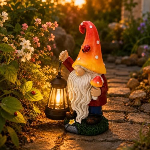 Solar Garden Gnome Statue : Mushroom Outdoor Lantern Decor - Image 6