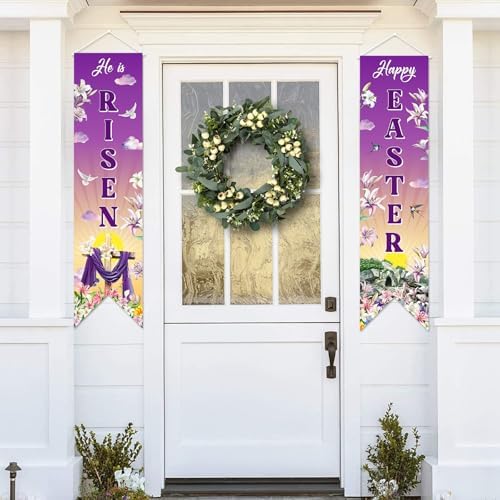 Easter Door Banner Set of 2, He Is Risen Banner Sign, Happy Easter Religious Porch Banner Decoration, Banners Decor for Front Door Porch Wall Yard Party Supplies Indoor Outdoor Decoration (Purple) by Yewfold