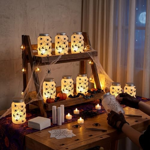Qinyoung 12 Pcs Halloween Spiderweb Craft Spiders Mason Jars with LED Light - Image 3