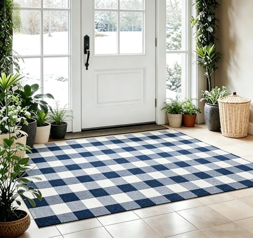 Buffalo Plaid Outdoor Rug 4x6 Ft Navy Blue and White Checkered Area Rug Washable Indoor Outdoor Rugs for Entryway,Hallway, Kitchen, Living Room, Dining Room, Bedroom by WAYYE