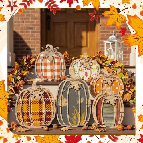 6 Pcs Fall Outdoor Pumpkin Decor Rustic Wooden Standing Pumpkin Signs - Image 6