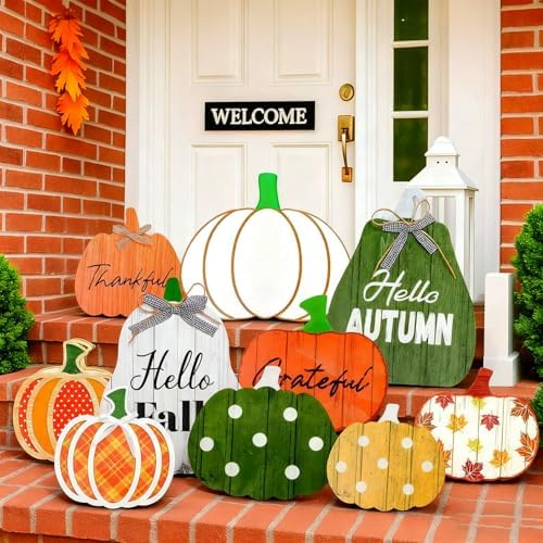 Yookeer 10 Pcs Fall Porch Decor Pumpkin Yard Signs Wooden, Novel Style by Yookeer