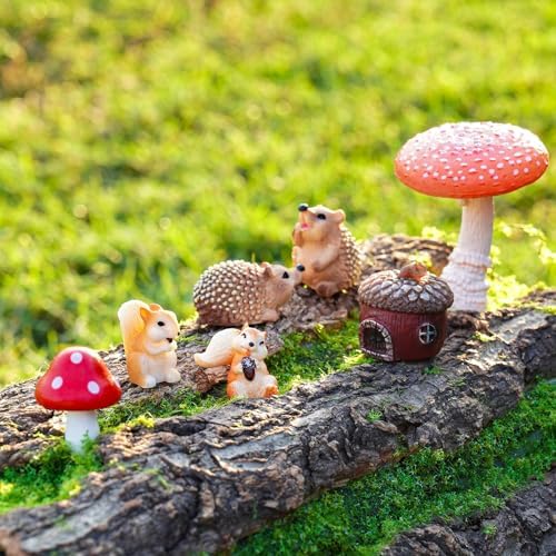 Fairy Garden Accessories, 7 Pieces Squirrel & Hedgehog Resin Figures with Acorn & Mushroom, Handmade Miniature Decor, Garden Miniatures and Home Decorations, Perfect DIY Gift by Unknown