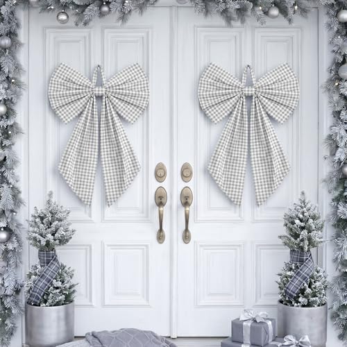 Suncalla 2 Pcs Grey Christmas Gingham Wreath Bows 18'' x 12'' - Image 4