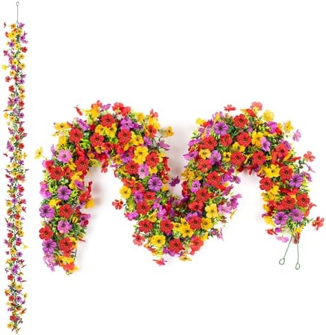 Artificial Flowers Garland Ivy, 4 Pack 5.9 FT Spring Summer Decor UV Resistant Fake Mums Floral Vine Silk Daisy Hanging Flower for Home Garden Wedding Decor Photo Booth Backdrop(Red purple yellow) by Ammyoo