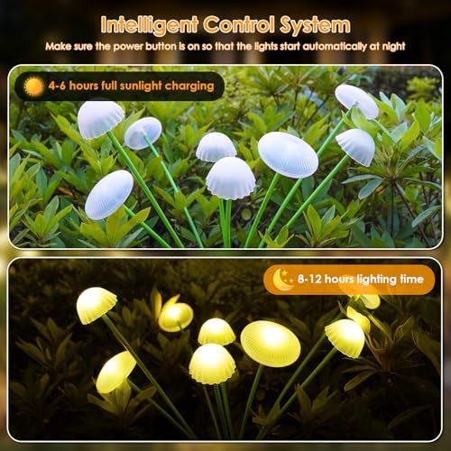 KAQ Solar Garden Lights Outdoor 6PK 48LED, Mushroom Solar Lights Outdoor, IP65 Waterproof Firefly Light Outside Decor for Patio Pathway, Sway by Wind for Pathway Garden Decorations, Warm White - Image 2