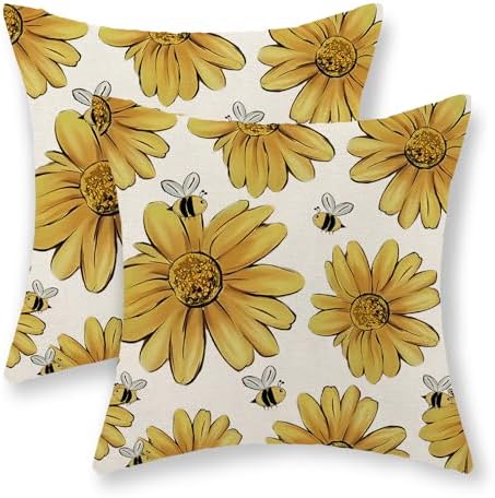 Summer Pillow Covers 18x18 Inch Set of 2 Yellow Floral Bee Sunflowers Throw Pillows Spring Outdoor Decorative Pillow Cases Linen Farmhouse Seasonal Cushion Covers Decor for Living Room Couch by JEFERSO