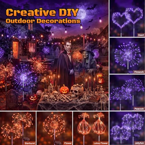 btfarm 4 Pack Solar Halloween Lights Outdoor, Orange+Purple Firework Light - Image 3