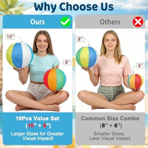 Beach Ball Paper Lanterns, Pool Party Decorations, 16 Pcs Colorful 8" & 10" Hanging Lanterns for Summer Party, Beach Birthday Party, Classroom & Office Decor - Image 5