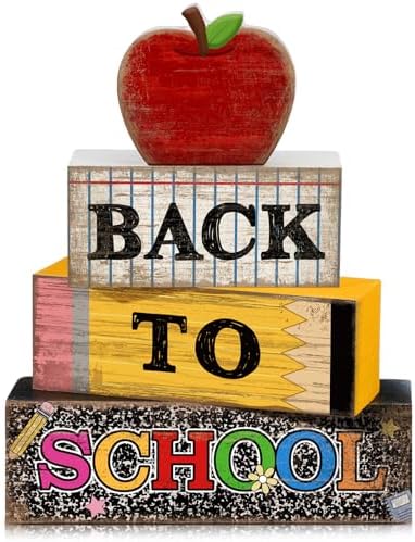 Lineshading 4 Pcs Back to School Table Decor Wooden Apple Blocks Sign by Lineshading