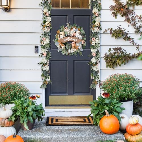 Fall Pumpkin Hydrangea Flower Garland for Doors Wall, Autumn White Coral Pumpkins with Lamb Ear Leaves for Home Decoration, Fall Home Decor Wreath Garland - Image 4