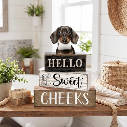 Moucuny 4 Pcs Farmhouse Dachshund Bathroom Decor, Hello Sweet Cheeks, Wood - Image 5