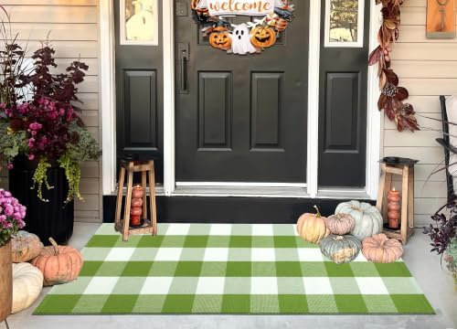 Green White Buffalo Plaid Outdoor Rug 24"x51" Cotton Checkered Door Mat by BUAGETUP