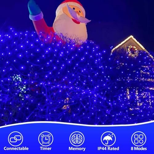 YEGUO Net Lights Outdoor Mesh Lights, 12ft x 5ft 360 LED Blue Bush Lights Outdoor Waterproof for Pool, 8 Modes Connectable Clear Wire Christmas Light Plug in - Image 3