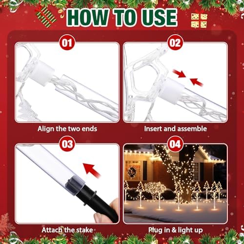 VIHOSE 10 Pcs Plug in Christmas Pathway Lights Outdoor Decorations 8 Modes Christmas Tree Stake Lights Waterproof LED Garden Decorations for Walkway Yard Lawn Porch Holiday Decor(Warm White) - Image 6