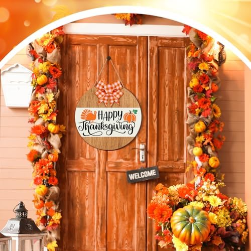 Moucuny Fall Thanksgiving Turkey Door Sign, Wooden Fall Wreath with Bow - Image 5