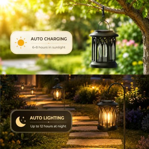Solar Lanterns Outdoor Waterproof 2 Pack, Hanging Solar Lights with 2700K Warm LED Light, IP65 Solar Powered Lanterns with Clip, Auto On/Off Outdoor Lanterns for Garden Patio Yard Porch Decor - Image 4
