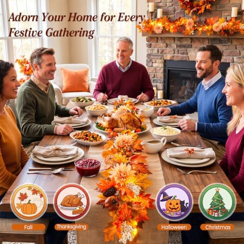 Lewondr 6ft Fall Garland with Lights for Mantel, 20 LED, Fruits & Dahlia - Image 6