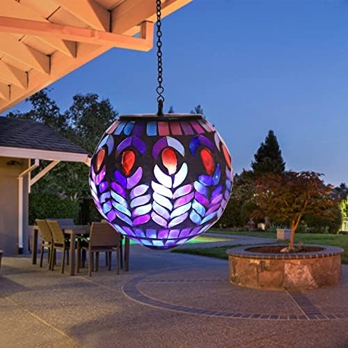 Mosaic Solar Lantern Outdoor Waterproof Glass Hanging Solar Lights, Black - Image 5
