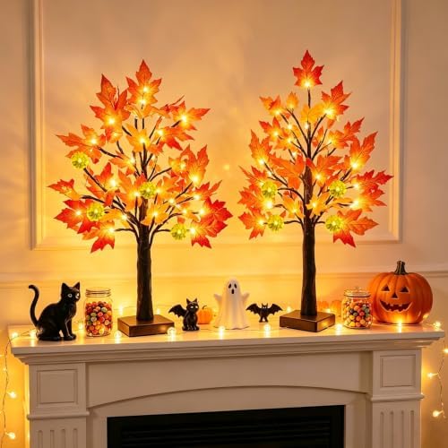 TURNMEON Fall Decor 2 Pack 24 Inch Prelit Fall Maple Tree 48 LEDs Timer - Image 4