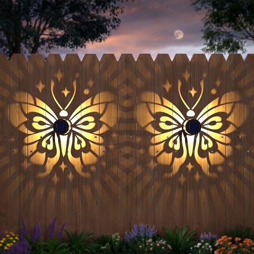 Hapjoy Solar Fence Lights 2 Pack Outdoor Deck Step Wall Lights Metal Waterproof LED Warm Yellow Light for Garden Post Patio Backyard Yard Decor (Butterfly-Star, 2) by Hapjoy