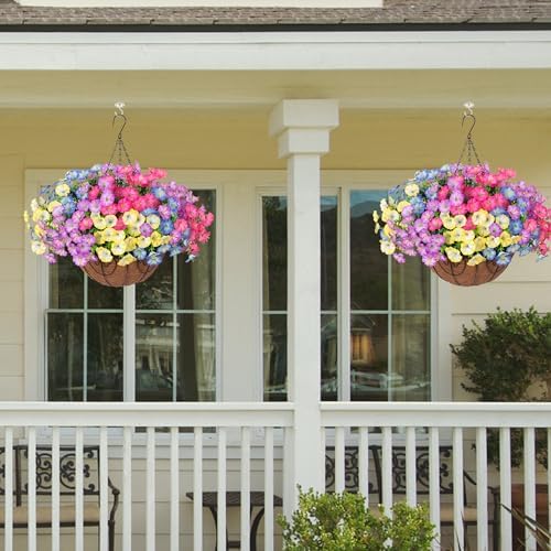 Ivydale Artificial Faux Hanging Plants Flowers Basket for Outdoors Fall Decoration, Silk Morning Glory Eucalyptus Look Real UV Resistant Fake Flowers for Porch Outside Patio Balcony Yard Home Garden - Image 2