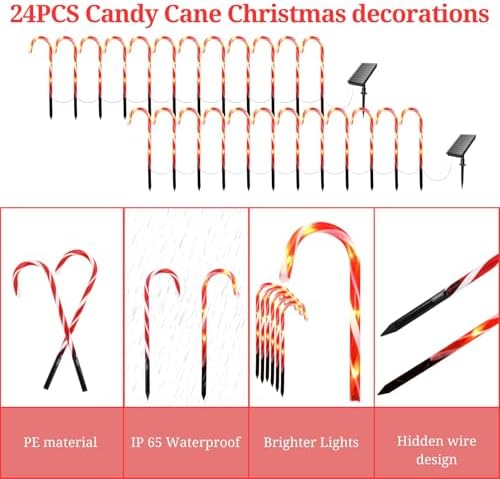 IDEAALS 24-Pack Solar Christmas Candy Cane Lights, Solar Pathway Lights Waterproof, Christmas Decorations Outdoor with 8 Modes for Party Patio Garden Lawn Yard Decor - Image 6