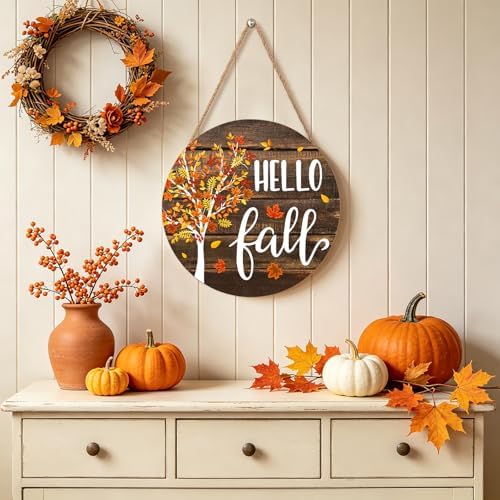 Hello Fall Wreath for Front Door Fall Tree Welcome Door Sign 12x12 Inch Autumn Maple Leaves Wood Door Hanger Farmhouse Thanksgiving Hanging Plaque for Home Porch Wall Indoor Outdoor Decorations - Image 6