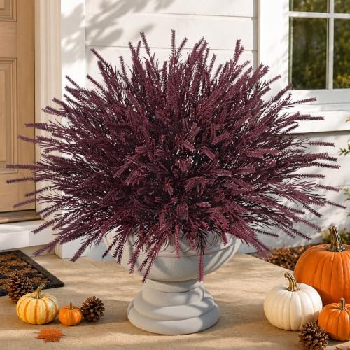 Artificial Faux Outdoor Plants for Fall Autumn Decor, 10 Bundles Burgundy Fake Plastic Grass UV Resistant Look Real Fake Plants for Planter Outside Front Door Porch Patio Balcony Garden Indoor Yard by Ivydale