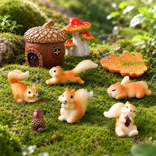 Fairy Garden Accessories, 9 Pieces Squirrel Resin Figures with Pinecone House Mushroom Leaf, Handmade Miniature Decor, Garden Miniatures Decors for Outdoor Home, Perfect DIY Gift by Unknown