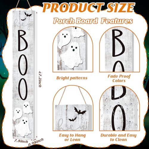 Halloween Boo Porch Sign 47" Outdoor Boo Sign for Front Porch Farmhouse Welcome Vertical Wooden Holiday Door Decor for Patio Yard Home Hanging Garden Decor - Image 3