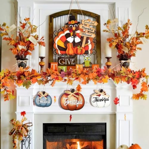 Thanksgiving Decoration Wood Pumpkin Turkey Door Wall Wreath for Front Door Sign Thankful Blessed Grateful, Pumpkin Sign for Fall Autumn Harvest Home Thanksgiving Party Outdoor Halloween Decoration - Image 5