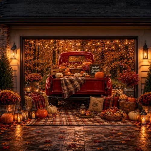Fall Thanksgiving Garage Door Decoration 8x7Ft Vintage Red Truck Pumpkin Maple Leaf Background Banner Autumn Harvest Thanksgiving Garage Door Decorations for Home Outdoor Party Decor by clothmile