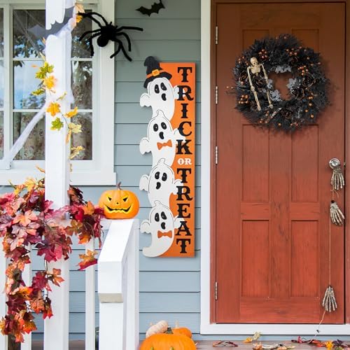 Glitzhome 42" H Lighted Halloween Wooden Stacked Ghost with Trick or Treat Porch Sign w/Timer 6h On/18h Off - Hang on Wall or Lean Against, Solid Wood Yard Sign for Indoor & Entryway Decor - Image 2