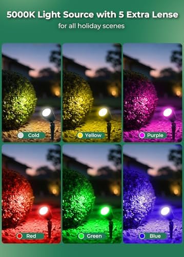 Halloween Spotlights Outdoor, 120V Plug-in Christmas Spot Light, 5000K LED Landscape Lighting with 5 Color Lenses (Red Green Blue Purple Yellow), IP67 Waterproof, 2 Pack - Image 3