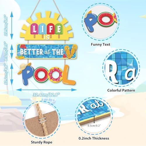 HOURIA Life is Better at The Pool Wood Hanging Sign,11.8 * 13.9 Inch Summer Sunshine Popsicle Swimming Pool Decor,Funny Pool Decorations for Outdoor Beach Party - Image 2