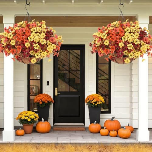 Geegoods 2-Pack Artificial Fall Mums Hanging Baskets for Outdoors - Image 4