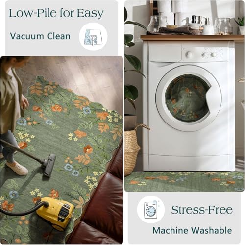 Sage Green Floral Entry Rug - 3x5 Ft Washable Indoor Outdoor Mats for Front Door Non-Slip Porch Rug Non-Slip Boho Throw Rugs for Living Room Bedroom Entryway Kitchen Office Porch Decor - Image 5