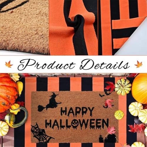 Halloween Decor Doormat Combo Set, 100% Coco Coir Welcome Mat + 3' x 5' Orange and White Striped Rug - Halloween Fall Front Porch Entryway Decor Floor Mat, Outdoor Autumn Mats Happy Halloween - Image 4