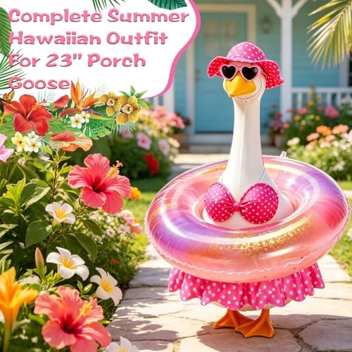 Hawaiian Porch Goose Outfit, Summer Bikini Costume with Sunglasses & Wreath, Fits 23" Goose Statue, Garden Lawn Patio Yard Outdoor Decoration (Pink) - Image 2