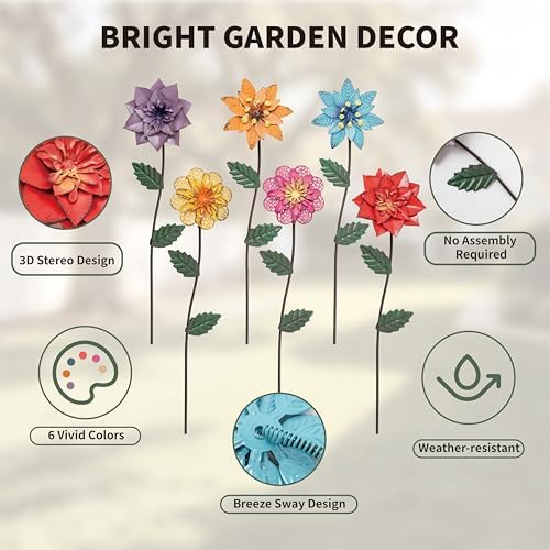 YEAHOME Garden Decor for Outside, 6 Pack Flower Garden Stakes Outdoor Decor Metal Shaking Head Yard Art, Weather Proof Flower Stakes for Yard Porch Lawn Pathway Pot Decorations(Multi-Color) - Image 4